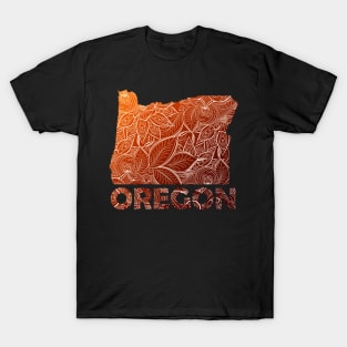 Colorful mandala art map of Oregon with text in brown and orange T-Shirt